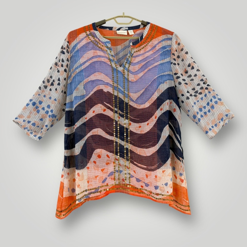 Chico's Sheer Tunic Womens XL (Chicos 3)‎ Multicolor Geometric V Neck 3/4 Sleeve